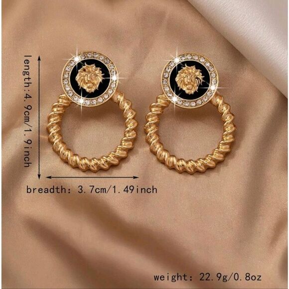 BLACK & GOLD LION DOORKNOCKER  DROP EARRINGS DESIGNER INSPIRED - Picture 2 of 6